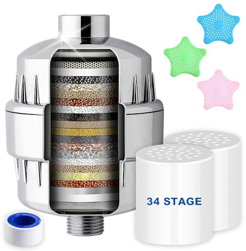 BHFRGAS 34 Stage Shower Filter with Vitamin C for Hard Water Shower Head Filter with 2 Pcs Replaceable Multi-Stage Filter Cartridge Water Softener Bath Water Filter Household Essentials
