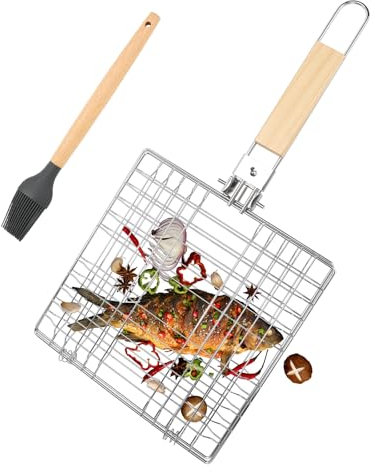 AROMUJOY Edelstahl Fisch-Grillkorb, Faltbarer BBQ Grillkorb Fischbräter, Barbecue Grillschale Tragbar, Grill Fischhalter mit Faltbar Holzgriff & Silikonbürste für Gemüse Steak Garnelen