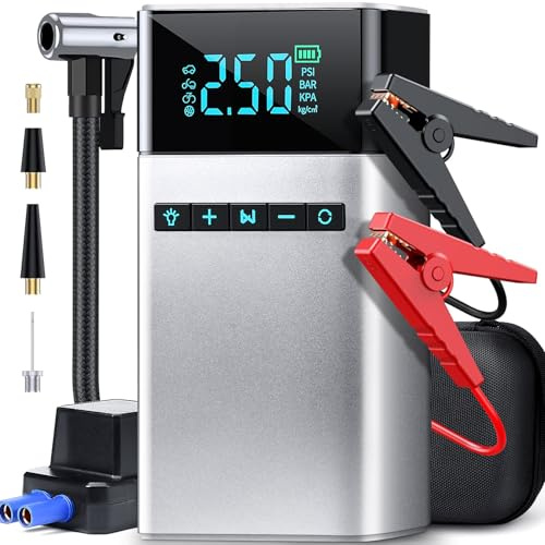 Yabtf Batería de arranque para coche con compresor de aire de 150 psi, corriente de pico de 3500 A, portátil para todos los motores de gasolina y 8 L diesel, arranque de batería de 12 V con linterna