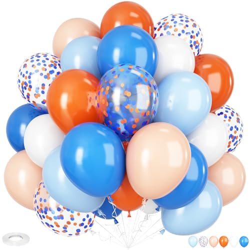 Orange and Blue Balloon, 12 Inch Blue and Orange White Party Balloons, Blue and White Confetti Balloon for Baby Girls Boys Birthday Graduation Engagement Party Decortions