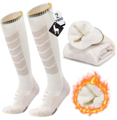 ineepor 2 Pares Alpaca Calcetines Esquí para Hombres, Mujeres Y Jóvenes, Calcetines Altos de Compresión para SNOWBOARD, Calcetines térmicos hasta la rodilla de invierno para Clima Frío Tallas 35-51