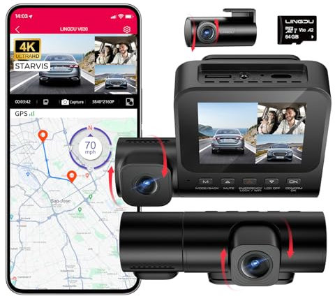 LINDU Dashcam Auto 3 Kanal 4K+1080P+1080P – 360° Autokamera mit WiFi, GPS, IR‑Nachtsicht, Sprachsteuerung, Parküberwachung, 64 GB SD‑Karte, 2,4″ IPS‑Display, Loop‑Aufnahme, 128GB Max(V630)