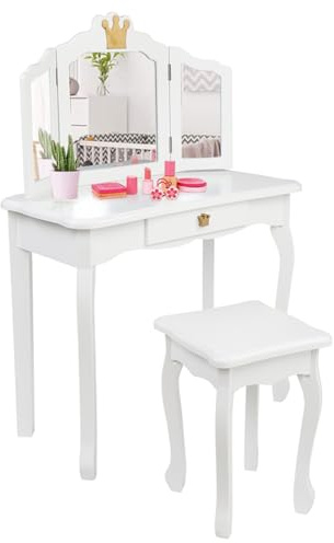 LALAHO Coiffeuse pour enfant avec tabouret - Coiffeuse pour enfant de 4 à 9 ans - Avec tiroir et deux miroirs pliants à 180° - Pour fille de 4 à 9 ans - Blanc