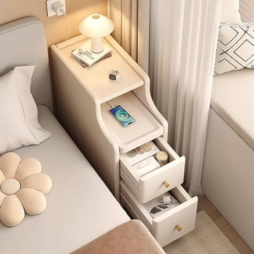 Mesita de noche de madera maciza con 2 cajones, mesita de noche moderna de mediados de siglo con estante deslizante abierto, mesa auxiliar estrecha para sofá para dormitorio, sala de estar , blanco)