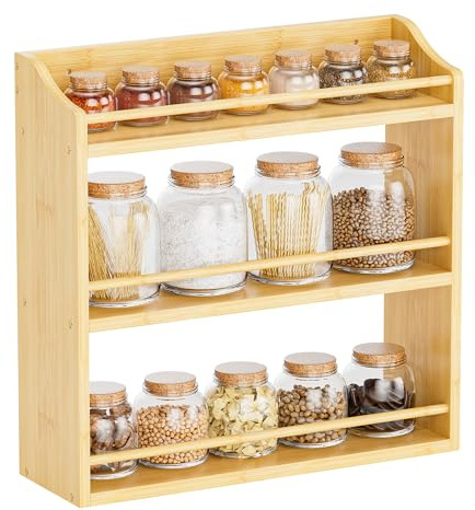 STELLSTAR Estante de especias montado en la pared, organizador de especias para mostrador, soporte de almacenamiento de especias de bambú para gabinete de cocina, despensa (natural)