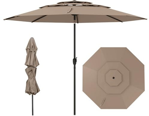 COSTWAY Sombrilla Terraza Exteriorφ300 cm, Parasol con Botón de Inclinación, Manivela, 8 Varillas Resistentes, Sombrilla Jardín Playa Piscina (Marrón, sin Luz)
