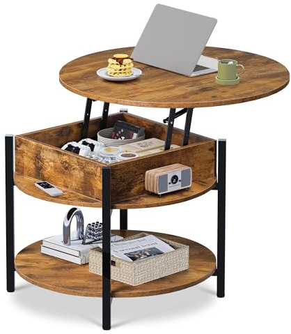 WLIVE Couchtisch Rund mit Hebeplatte, Wohnzimmertisch Höhenverstellbar mit Stauraum, 60 x 60 x 50 cm, Kaffeetisch für Wohnzimmer, Balkon und Büro (Rustikales Braun, 68 Durchmesser)