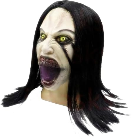 Quixotisk skrämmande gråtande kvinna skräckmask med peruk, full huvud latex demon spöke ansikte för halloweenfest, ond läskig zombie kostym rekvisita för vuxna, hemsökt