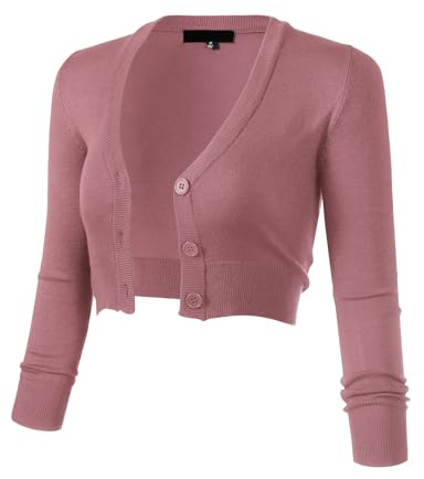 Allsense Women's 3/4 Sleeve Cropped Bolero Shrug Button Down Cardigan Sweater Lightweight Knit, Dusty Pink, Medium