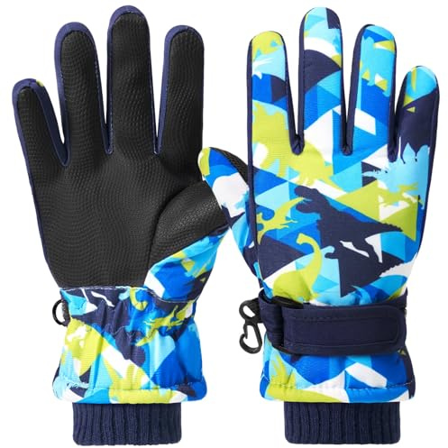 WAWSAM Kinder Ski Handschuhe Fäustlinge wasserdichte Winter Handschuhe Winddichte Warm Fleece Fahrradhandschuhe (Blau & Grün Dino, 3-6 Jahre)