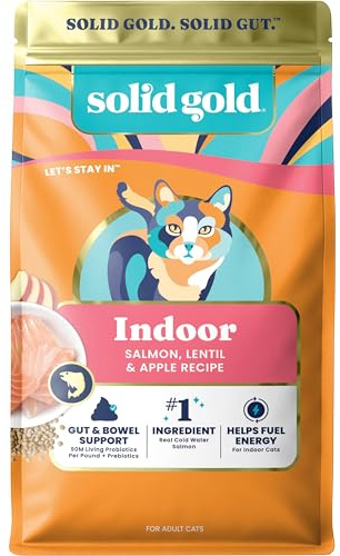 Solid Gold Indoor Dry Cat Food - Grain Free & Gluten Free - Salmon Cat Food Dry Kibble for Indoor Cats for Gut Health - Sensitive Stomach & Hairball Support for Adult Cats - 12LB