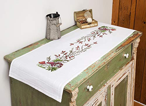 KAMACA Stickpackung Tischdecke FLIEGENPILZ Kreuzstich vorgezeichnet aus Baumwolle Stickset mit Stickvorlage (Tischläufer 40x100 cm)