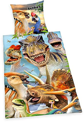 Herding Dinosaurier Selfies Bettwäsche-Set, Wendemotiv, Kopfkissenbezug 80 x 80 cm, Bettbezug 135 x 200 cm, Baumwolle/Renforcé, Mehrfarbig