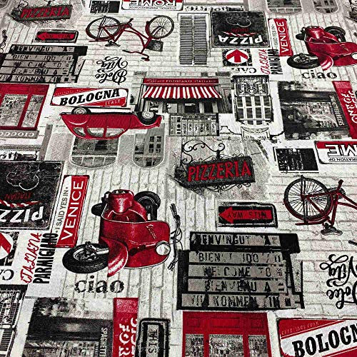 Kt KILOtela - Tela por Metros Loneta Estampada, Decoración, Cojines, Tapizar, Manteles, Bolsos, Ancho 280 cm, Largo a Elección de 50 en 50 cm, Italia, Vespa, Pizzeria, Dolce Vita, Rojo, Negro