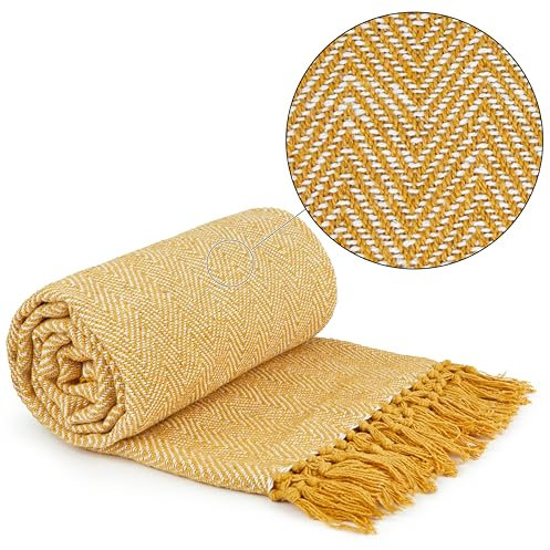 Emma Barclay Herringbone - Recycled Cotton Patterned Chair Sofa Setee Bed Throw Over Blanket in Ochre Yellow - 70x100 (178x254cm)