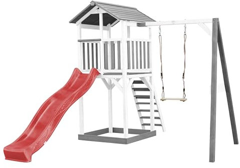 AXI Beach Tower Aire de Jeux avec Toboggan en Rouge, Balançoire & Bac à Sable | Grande Maison Enfant extérieur en Gris & Blanc | Cabane de Jeu en Bois FSC