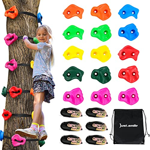 Just.smile Climbing Hold for Kids Outdoor-Ninja Tree Climbing Rocks 15 Pcs with 6 Ratchets-Climbing Grip Kits for Ninja Warrior Obstacle Course