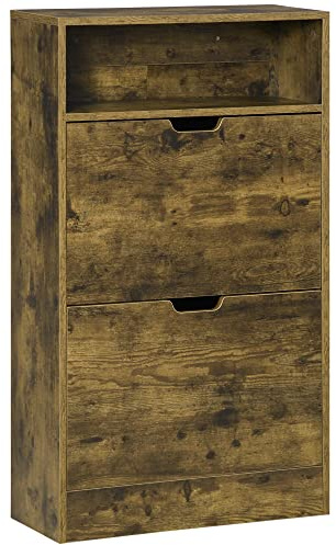 HOMCOM Shoe Cabinet with 2 Flip Doors, Slim 2-Drawer Shoe Cupboard with Adjustable Divider and Open Compartment for 12 Pairs of Shoes, Entryway Storage Unit, Rustic Brown