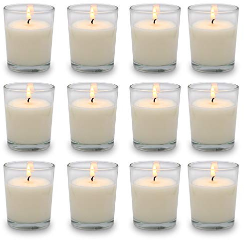 Set of 12 White Votive Candles, Clear Glass Filled Unscented Soy Wax Candle for Home Décor Weddings Spa Holidays Party and DIY