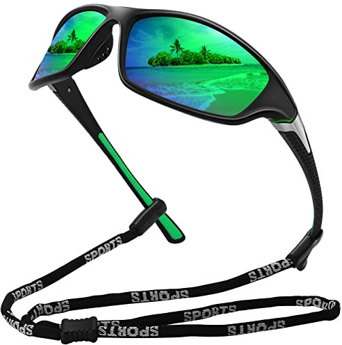 MEETSUN Gafas de sol deportivas polarizadas, conducción, ciclismo, gafas de sol de pesca, protección 100% UV400 para Unisex Adulto Montura Negro-Lente De Espejo Verde Estándar