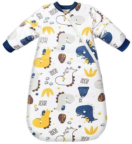 MIKAFEN Baby Schlafsack Winter 3,5 Tog mit abnehmbaren Ärmeln, Schlafsack aus 100% Baumwolle mit Armen, Kleine Dinosaurier 68-80cm/6-14 Monate