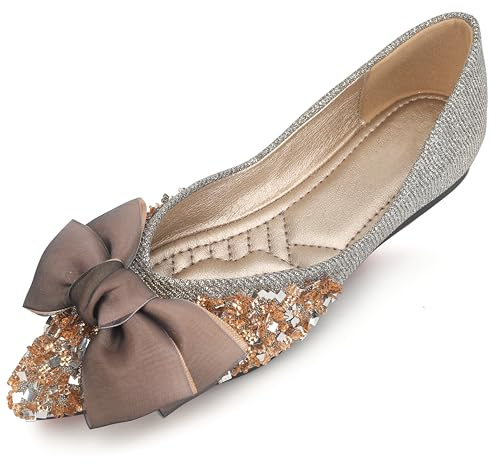DUWEIDU Gold Flats Shoes for Women Rhinestones Bow Wedding Flats Slip on Flats for Women Comfortable Dress Shoe Size 10.5