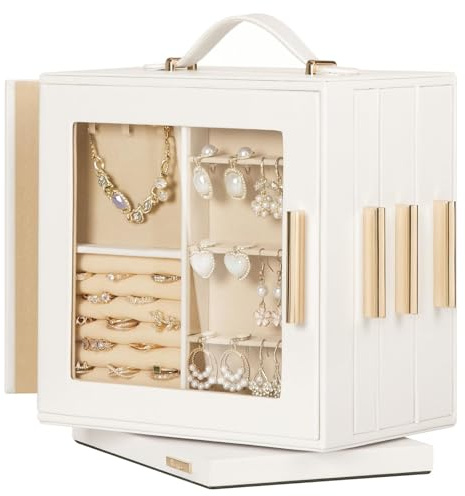Homde Mothers Day Gifts Jewelry Box 360° Rotating, Necklace Earring Organizer with Transparent Window, Mirror, 7 Drawers, Large Ring Display Storage Case for Girls Women (White)