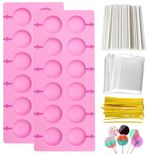 Lollipop Stampo in silicone per cake pop, 20 stampi rotondi in silicone, con 100 bastoncini per lecca-lecca e 10 tasche trasparenti