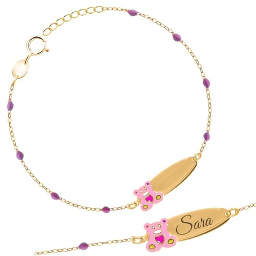Sakrami Bracelet chapelet en argent 925 avec ourson émaillé et plaque gravable pour enfants Collection Kids Cadeau personnalisé - Bracelet pour naissance, communion, baptême, anniversaire (rose)