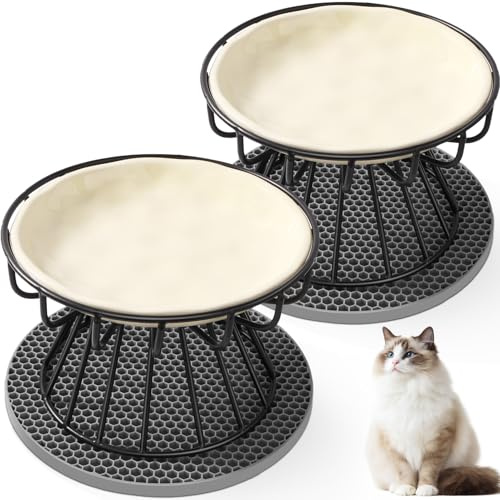 Vikcvcsc Set de 2 Comederos Gato Elevado, Comedero Gatos con Soporte y Alfombrilla Antideslizante, Comedero Gato Ceramica, Pet Cat Tazones Perro Pequeño - Beige
