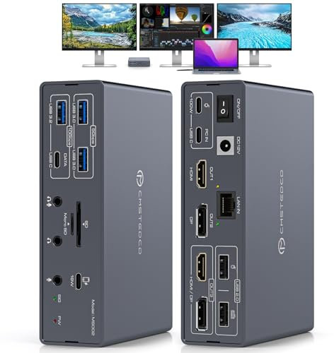 TJCXELE 19-in-1 Displaylink Docking Station 3 Monitor con HDMI DP, per Mac M1/M2/M3/M4&Windows Thunderbolt Dock per Laptop 4K60Hz con PD 100W, 10Gbps USBC/A Ethernet/Lettore di schede/Audio