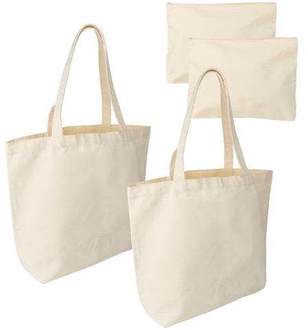 Bztzhm Btzthm 4 Stück DIY Blanko Stoffbeutel Baumwollbeutel, 2 Stück Große Einkaufstaschen 45 x 35 x 10 cm, 2 Stück Kosmetiktaschen mit Reißverschluss, Unbedruckt für Shopping Reise Alltag, Beige
