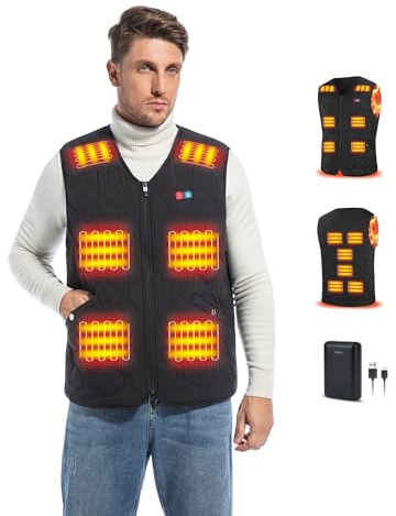 Rrtizan Heated Gilet for Men & Women, 9 Heat Zones & Dual Buttons, 3-Temp Unisex Vest with Power Bank, Machine Washable for Camping, Hiking, Daily Use (0086-3XL)