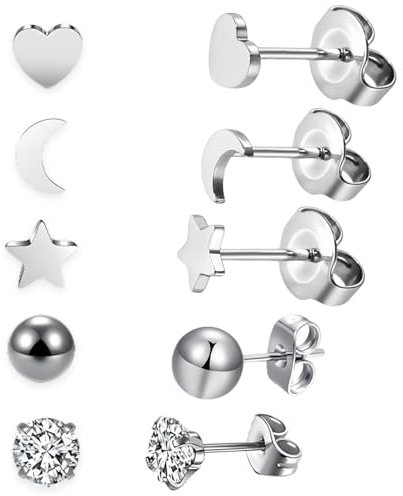 5 Pairs Silver Stud Earrings for Women, Small Stud Earrings for Women Cartilage Piercing Jewellery Earring Sets, Moon and Stars Heart Earring Gifts For Womens