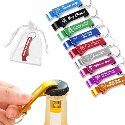 10-100 Pcs Personalised Aluminium Bottle Opener Keyring Engraved with Text Logo Custom Keychain Bottle Opener 9 Colours for Christmas Party Bar Gathering (30)