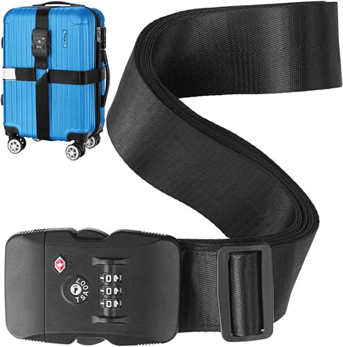 BlueCosto - Sangle de Bagage avec Serrure TSA - Réglable de 2,2 à 4 m, Noir Jais - Ceinture de Sécurité pour Valise Approuvée par la TSA avec Serrure à Combinaison à 3 Chiffres