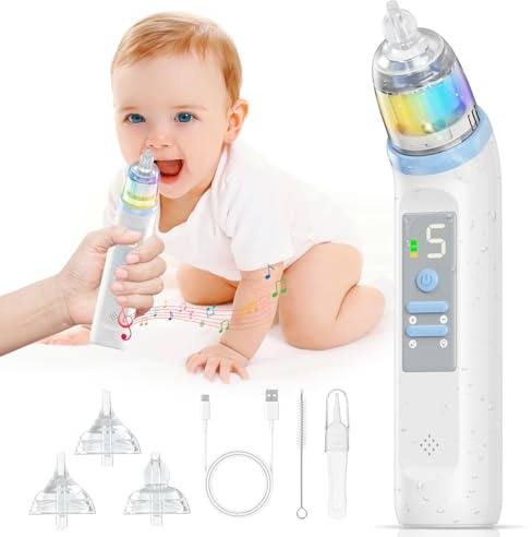Aspiratore Nasale Neonato Elettrico Bambini: Ricaricabile Pulisci naso con 5 Livelli di Aspirazione e 3 Punte in Silicone - Automatico Succhia Moccio con Funzione Musica e Luci per Piccoli e Neonati