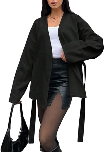 GORGLITTER Cappotto invernale da donna, elegante, corto, con cintura, in pile, per l'autunno, stile vecchio money, Nero , M