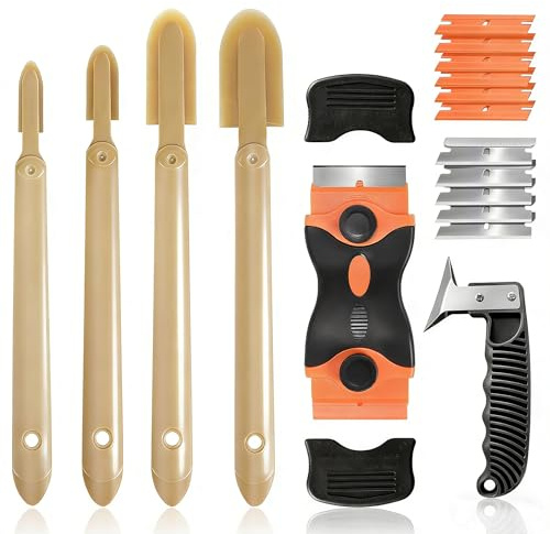 6 Pcs Caulk Tool Set-Multi-Purpose Silicone Caulking Tool Kit with Caulk Smoothing Tool,Razor Blade Scraper,Caulk Remover Tool for Clean Seal Lines,Non-Scratch for Bathroom,Kitchen,Window Repair