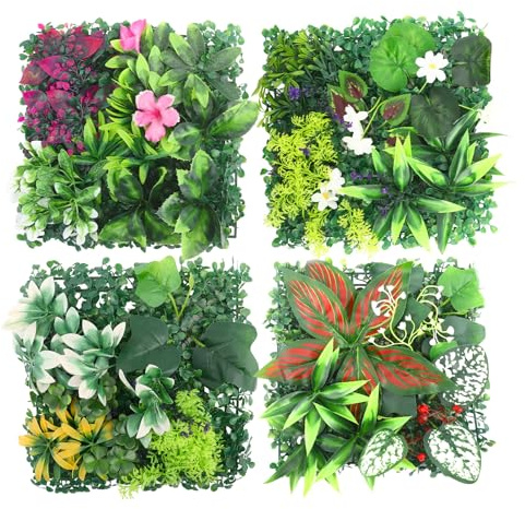 Pared de Plantas Artificiales, 4 Piezas Muro Verde Artificial 25 x 25 cm para Exterior e Interior, Paneles de Pared Verde Decorativas Natural, Seto Artificial para Balcón Jardín Patio