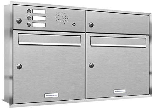 AL Briefkastensysteme, 2er Unterputzbriefkasten, Doppel-Briefkasten mit Klingel, 2 Fach, Briefkastenanlage modern, rostfrei Edelstahl Postkasten