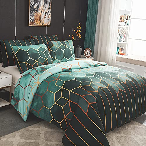 Dencalleus Geometric Printed Duvet Cover Set, Brushed Microfibre Nordic Soft Quilt Covers with Corner Ties, Double Size, Boho Bedding Sets with Zipper Closure and Easy Care Hotel Quality, Green