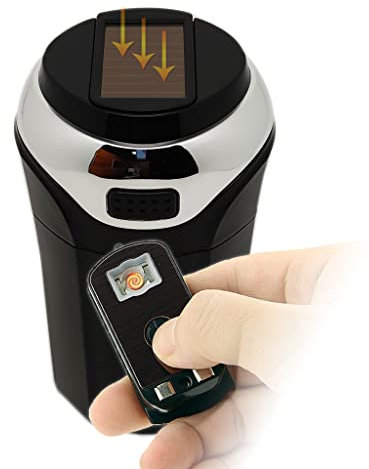 Car Ashtray with Solar Powered Lighter and LED Light, No Charging, Detachable and Portable (Black)