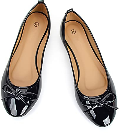 Dernolsea Womens Ballet Flats, Patent Leather Bow Round Toe Foldable Flat Slip On Pumps Dolly Ballerina Shoes Black Size 5-5.5
