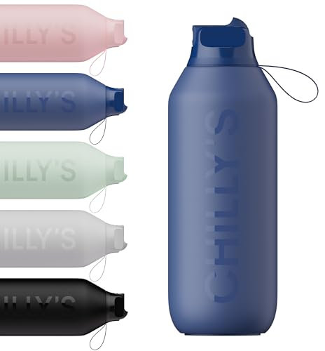 Chilly's Series 2 Flip Water Bottle with Sports Lid - Vacuum Insulated Stainless Steel Water Bottle with Straw, Carry Loop, & Cleaning Brush - No Sweat - 1000ml - Whale Blue