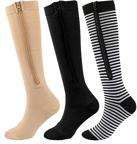 3 Paar Kompressionssocken für Damen Herren 15-20 mmHg,Sport Kompressionsstrümpfe,Stützstrümpfe Kompressionssocken mit Reißverschluss Thrombosestrümpfe für Krampfadern,Ödeme,Genesung,Schwangere