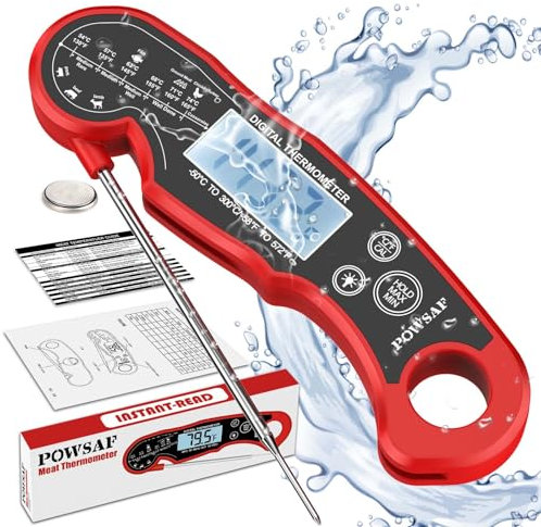 POWSAF Termometro Cucina, Termometro Carne Digitale, Termometro Barbecue a Lettura Istantanea Ultraveloce, Impermeabile IPX6, con Sonda Lunga Pieghevole e Schermo LCD, per Alimenti, BBQ, Forno, Rosso