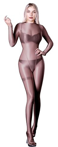 SOFSOT Ultra Sheer hel kroppsdräkt för kvinnor långärmad glänsande overaller en del glansig catsuit nylon helkropp trikåer