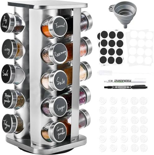 SAEIV Portaspezie quadrato con 20 barattoli per spezie, girevole a 360°, in acciaio inox, coperchio di alta qualità