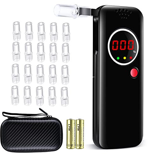 Aranknew Alkoholtester, Polizeigenau Atemalkoholtester Halbleiter Sensorik, Akkurater Professioneller Promilletester Akustischer Alarm,Tragbar Atemalkoholmessgerät mit 20 Mundstücke und 1 Tasche